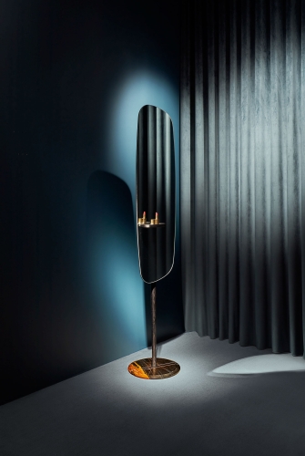 Зеркало ESPEJO PIE из черного ясеня с полкой, на круглой мраморной основе