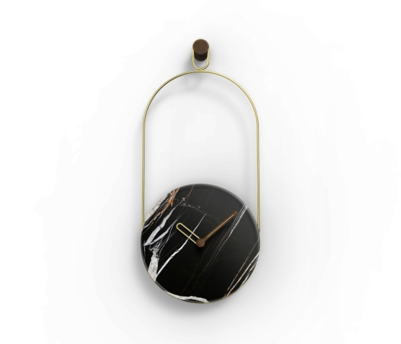 Часы Nomon ESLABON (основание - латунь+мрамор Sahara noir/стрелка часовая - латунь /минутная - орех). D=30см, H=68см