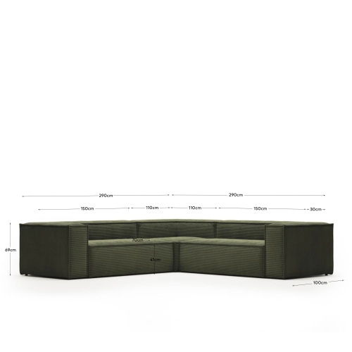 4-местный угловой диван Blok в зеленом толстом вельвете 290 x 290 см