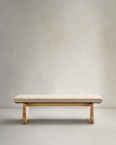 Скамейка Topaz из бежевого шенилла и 100% массива ясеня FSC в натуральной отделке, 150 см