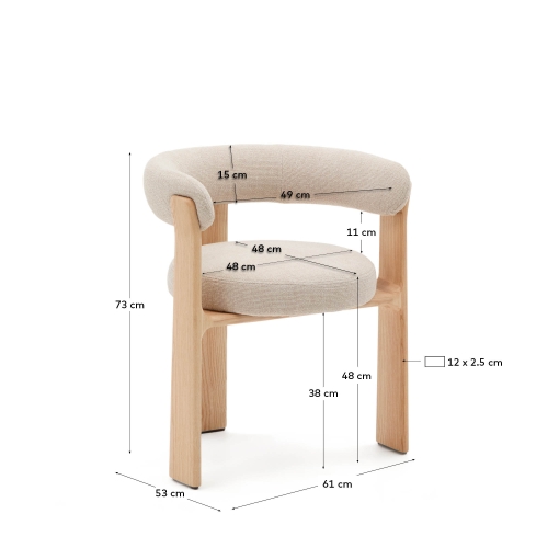 Granite Стул на 3 ножках из бежевого шенилла и массива ясеня в натуральной отделке