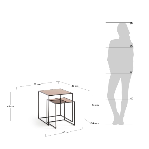 Набор из 2 приставных столов Sute с золотой зеркальной столешницей и металлической структурой.