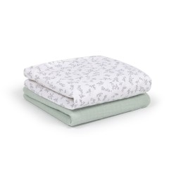 Yamile set of 2 mini towels organic cotton (GOTS) in turquoise and white with grey leaves