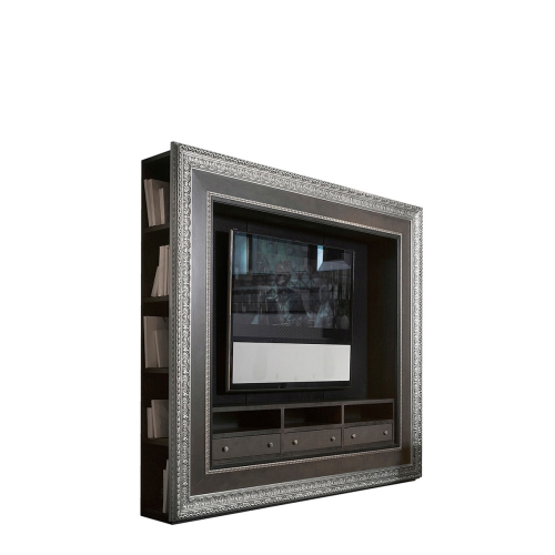 Шкаф для телевизора Goya, отделка дерево, черное дерево по бокам, ткань FABRIC F2311 на задней стенк